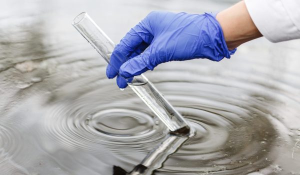 Researcher holds a test tube with water in a hand in blue glove